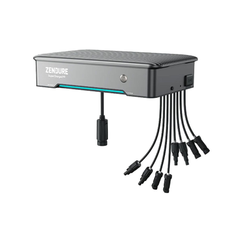 Onduleur Zendure Hyper 2000 vue en angle avec câbles solaires